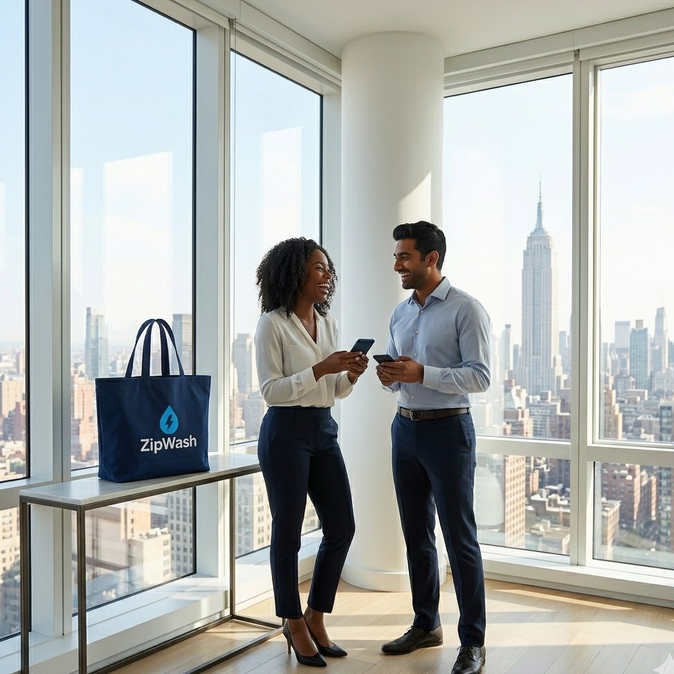 Professional couple in a Brooklyn apartment using ZipWash