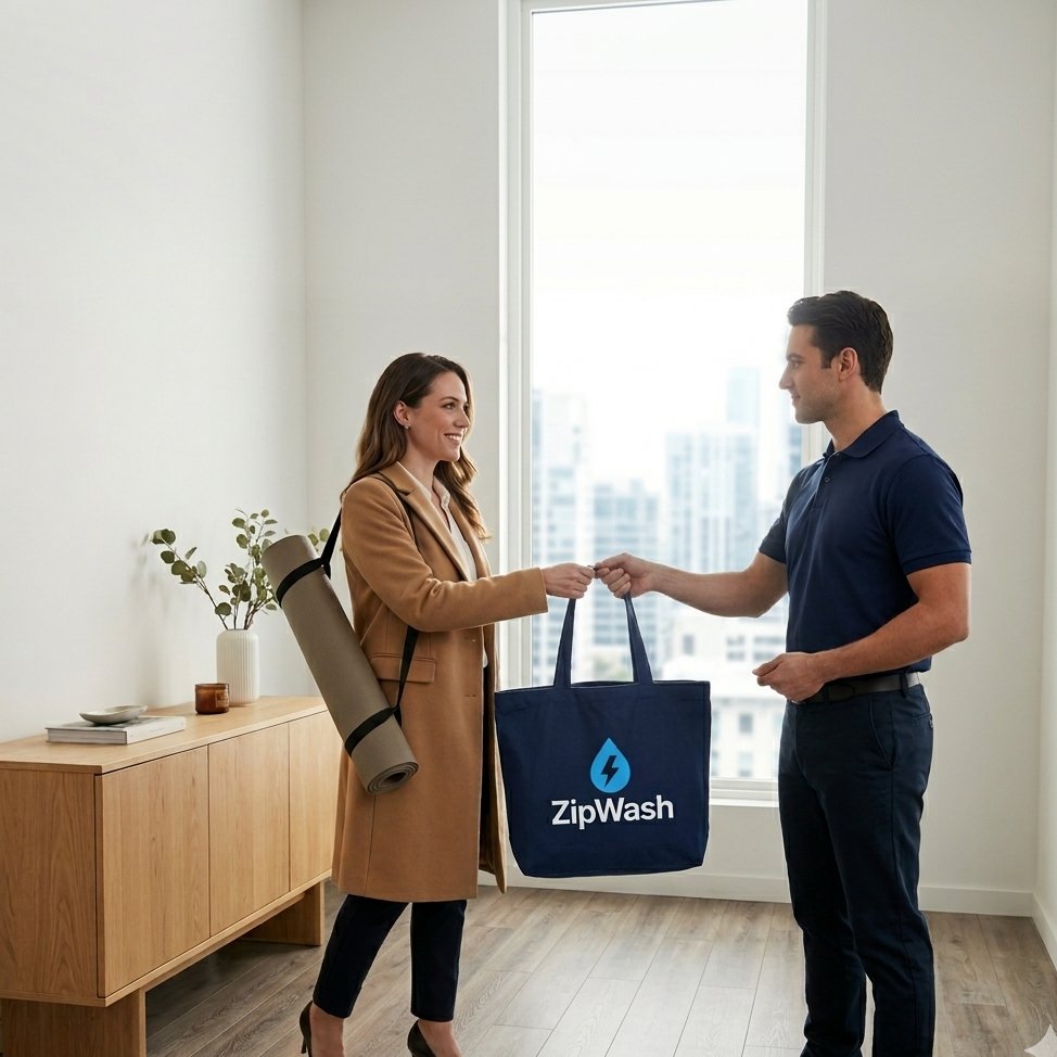ZipWash team handing off freshly cleaned laundry in Brooklyn
