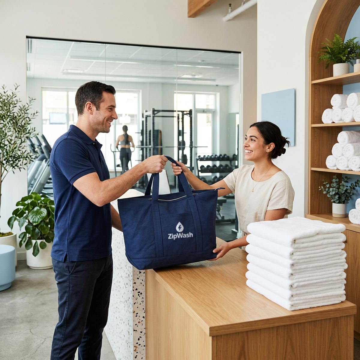 ZipWash driver handing a navy towel bag to the front desk of a Brooklyn spa, with stacks of clean white towels