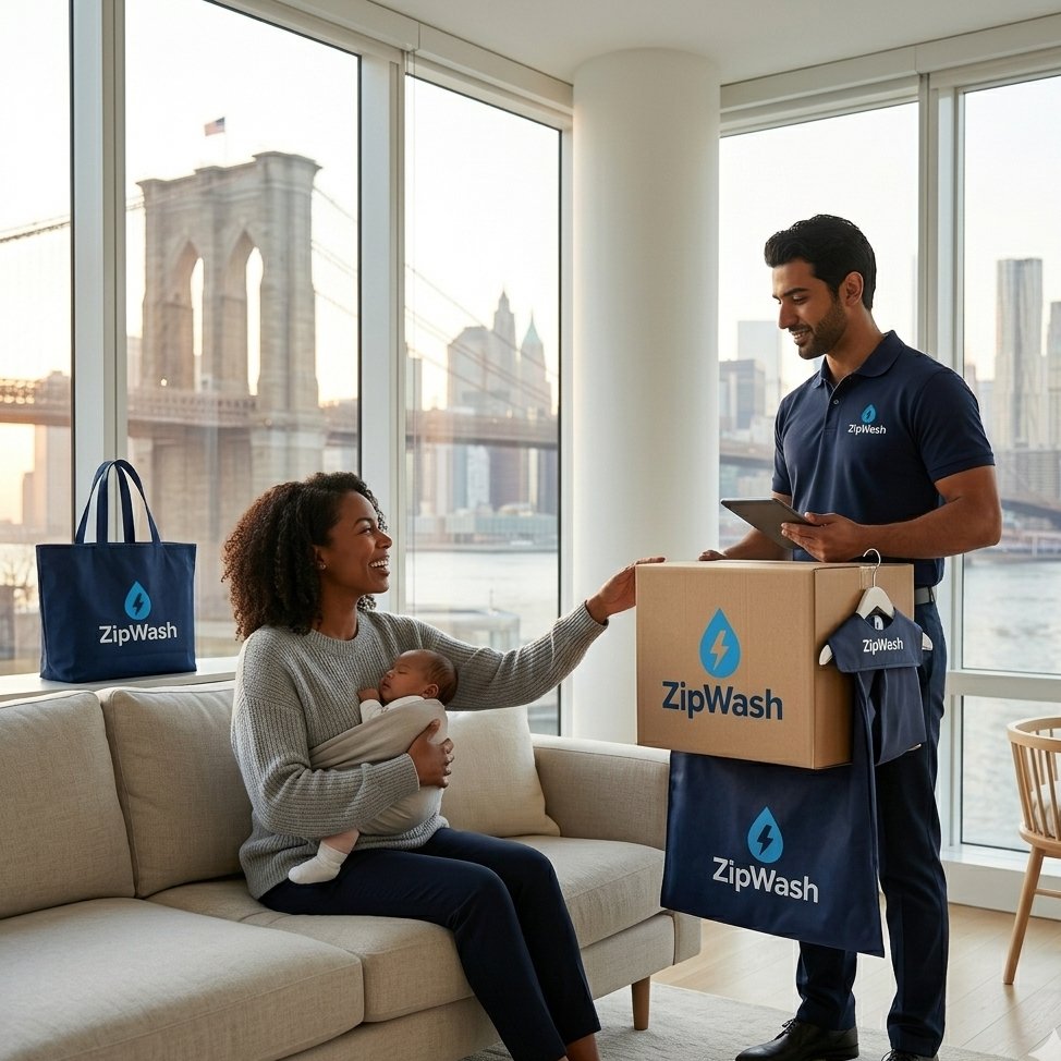 New parent receiving a ZipWash delivery at home