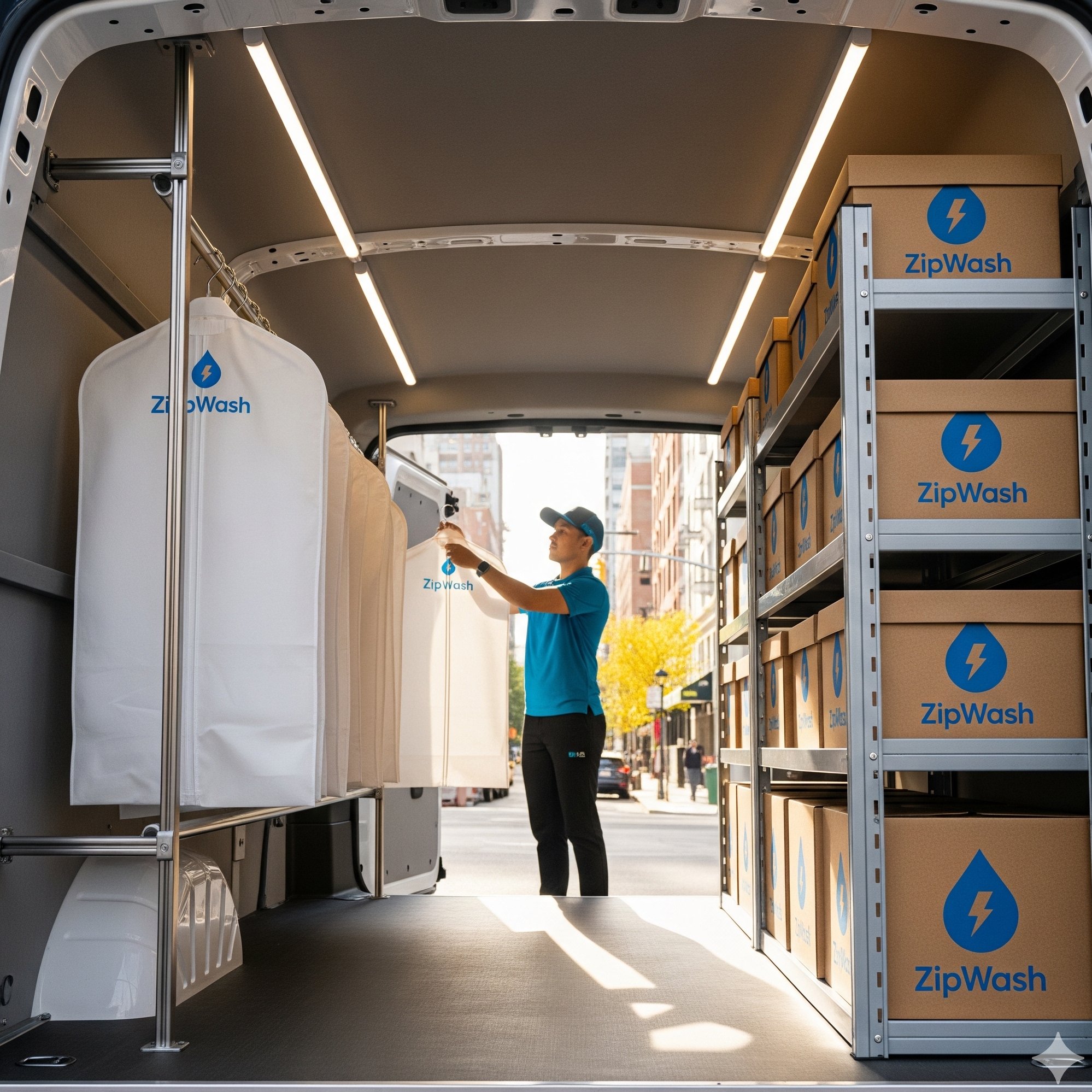 ZipWash route van loaded with laundry bags